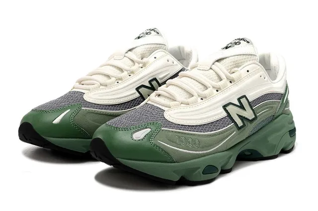 New Balance أخضر بيجي وسط القدم طبقات شبكة وتغطيات صناعية حذاء رياضي سميك 2