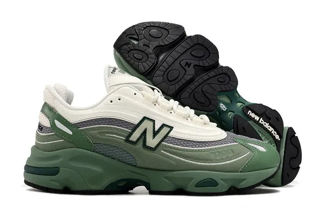 New Balance أخضر بيجي وسط القدم طبقات شبكة وتغطيات صناعية حذاء رياضي سميك 4
