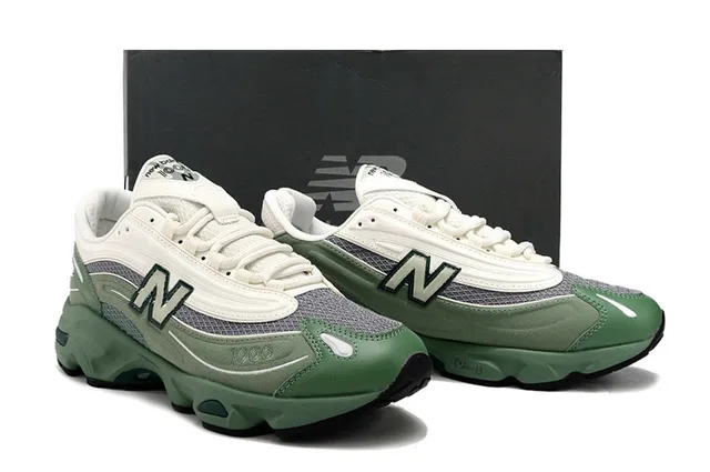 New Balance أخضر بيجي وسط القدم طبقات شبكة وتغطيات صناعية حذاء رياضي سميك 5