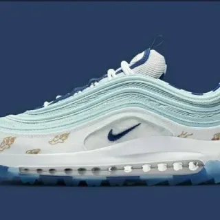 Nike Air Max 97 أزرق فاتح أبيض أزرق بحري ذهبي مطرز أحذية أسلوب حياة رياضية
