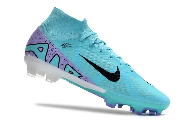 Nike Sapatos de Futebol Azul Roxo High-Cut Flyknit Upper Assimétrico Cordões Superfície Firme 2