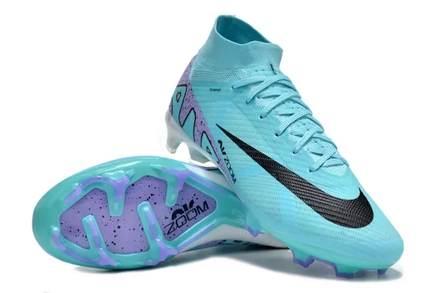 Nike Sapatos de Futebol Azul Roxo High-Cut Flyknit Upper Assimétrico Cordões Superfície Firme 4