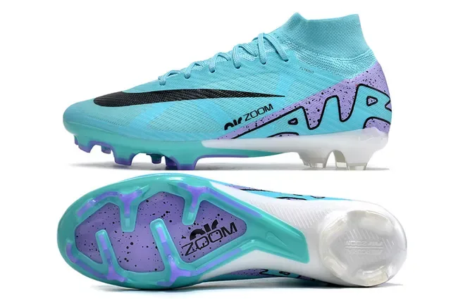 Nike Sapatos de Futebol Azul Roxo High-Cut Flyknit Upper Assimétrico Cordões Superfície Firme 6