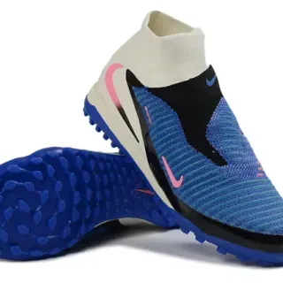 Nike Sapatos de futebol azul branco com upper de malha, gola alta, sock-fit, para turf