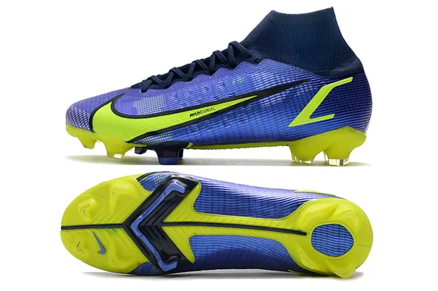 Nike Mercurial Bleu Jaune Haut-Coupé Col à Enfiler Synthétique Texturé Supérieur Sol Firme Chaussures de Football 2