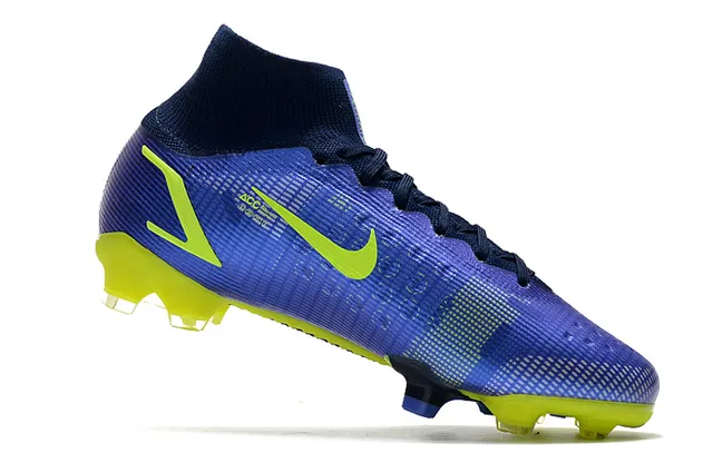 Nike Mercurial Bleu Jaune Haut-Coupé Col à Enfiler Synthétique Texturé Supérieur Sol Firme Chaussures de Football 3
