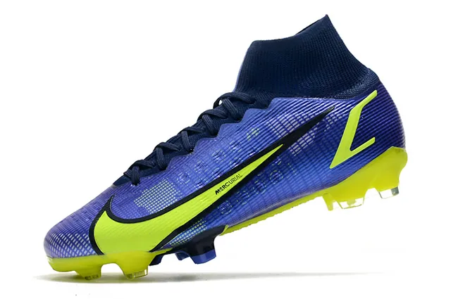 Nike Mercurial Bleu Jaune Haut-Coupé Col à Enfiler Synthétique Texturé Supérieur Sol Firme Chaussures de Football 4
