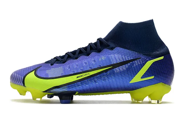 Nike Mercurial Bleu Jaune Haut-Coupé Col à Enfiler Synthétique Texturé Supérieur Sol Firme Chaussures de Football 5