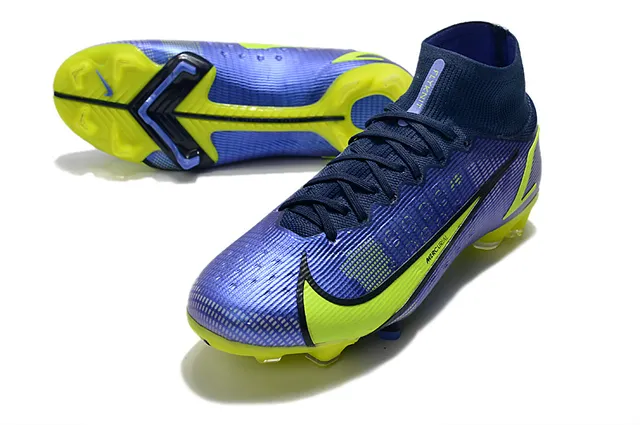 Nike Mercurial Bleu Jaune Haut-Coupé Col à Enfiler Synthétique Texturé Supérieur Sol Firme Chaussures de Football 6