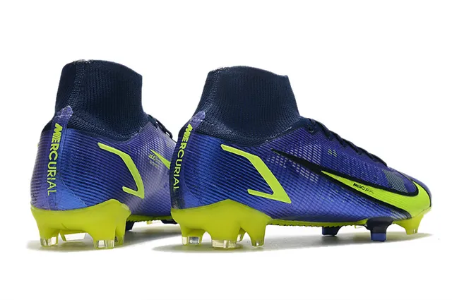 Nike Mercurial Bleu Jaune Haut-Coupé Col à Enfiler Synthétique Texturé Supérieur Sol Firme Chaussures de Football 7