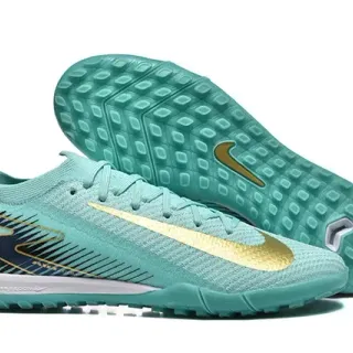 Nike Mercurial Vapor Tênis de futebol turf azul e dourado com upper de knit e gola baixa