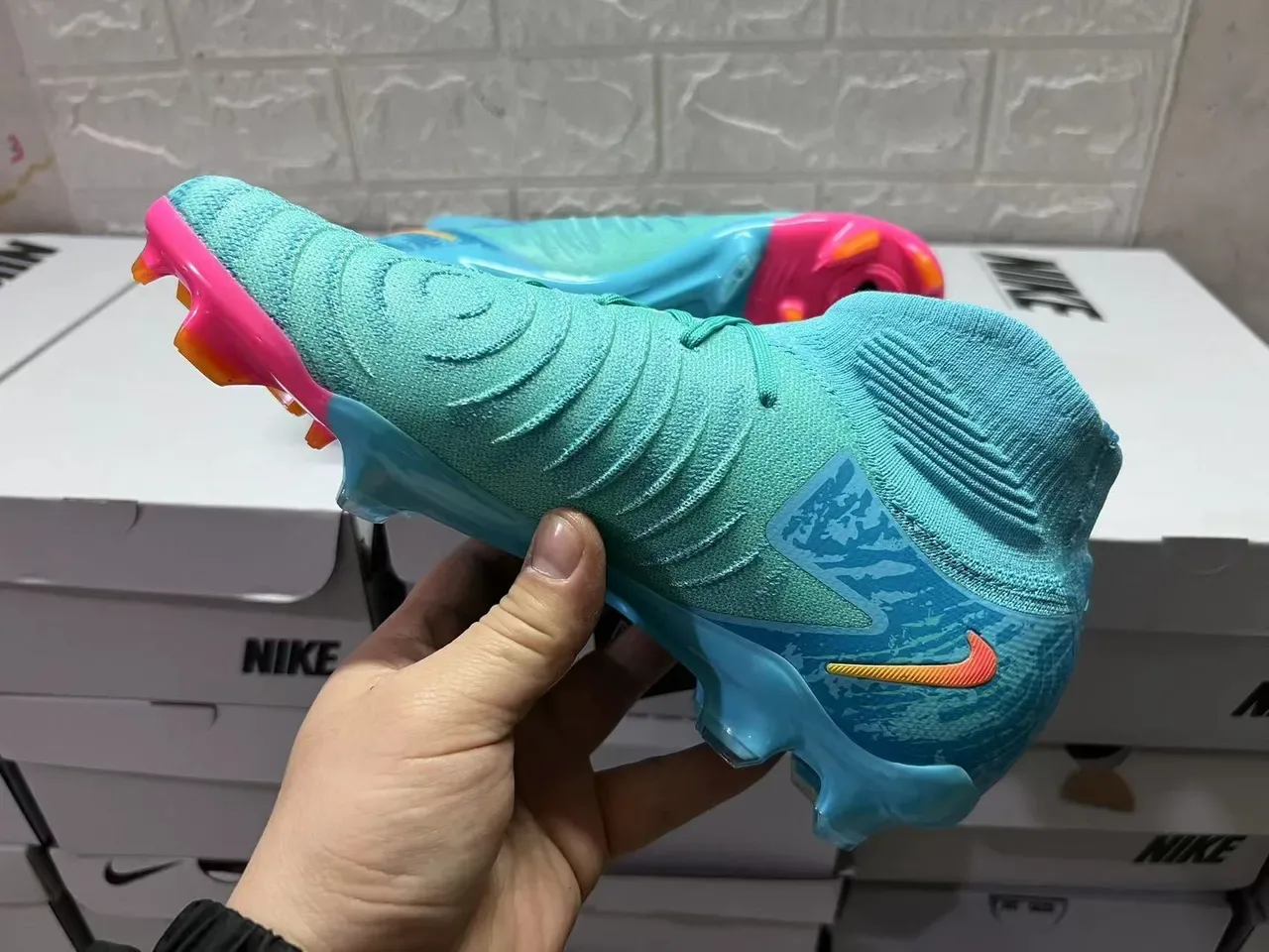 Nike Mercurial Vapor Azul Rosa Alto Corte Tricô Laços Assimétricos Campo Firme Sapatos de Futebol 3