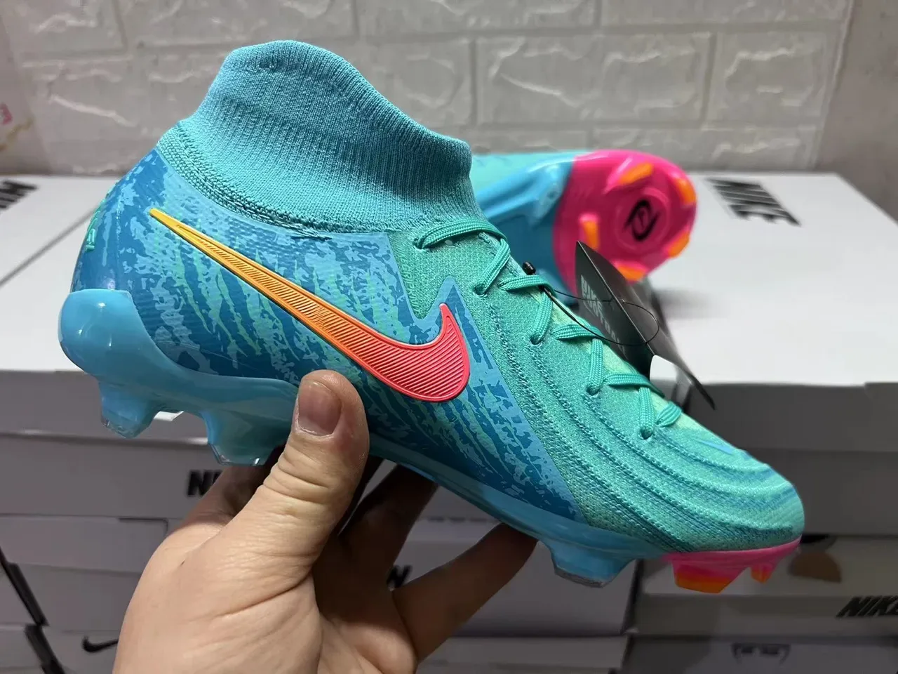 Nike Mercurial Vapor Azul Rosa Alto Corte Tricô Laços Assimétricos Campo Firme Sapatos de Futebol 7