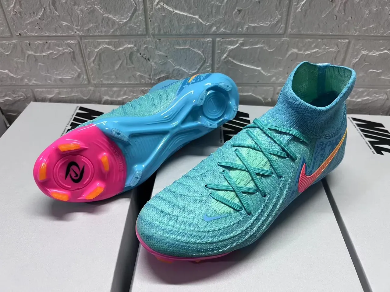 Nike Mercurial Vapor Azul Rosa Alto Corte Tricô Laços Assimétricos Campo Firme Sapatos de Futebol 9
