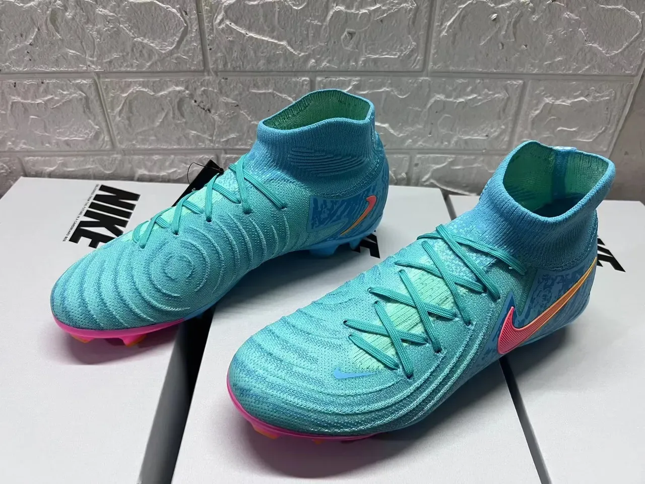 Nike Mercurial Vapor Azul Rosa Alto Corte Tricô Laços Assimétricos Campo Firme Sapatos de Futebol 10