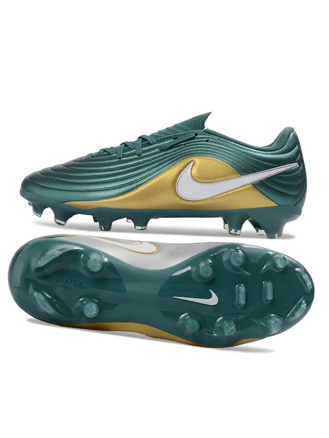 Nike Phantom GT Verde Dourado Sintético Ribeteado Acabamento Metálico Campo Firme Chuteiras de Futebol 4