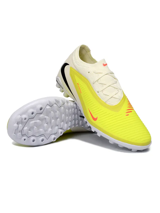 Nike Phantom GT Chaussures de soccer pour gazon artificiel jaune beige upper en tricot lacets asymétriques coupe basse 2