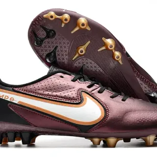 Nike Tiempo Burgundy Gold Metallic Maroon Upper Perforated Leather Firm-Ground Soccer Shoes