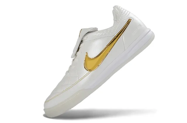 Nike Tiempo White Gold Quilted Leather Upper Metallic Swoosh Indoor Soccer Shoes 3
