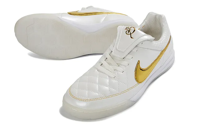 Nike Tiempo White Gold Quilted Leather Upper Metallic Swoosh Indoor Soccer Shoes 4