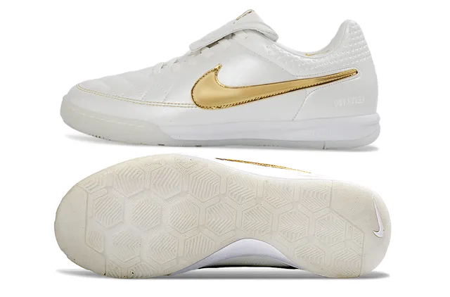 Nike Tiempo White Gold Quilted Leather Upper Metallic Swoosh Indoor Soccer Shoes 6