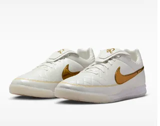 Nike Tiempo White Gold Quilted Leather Upper Metallic Swoosh Indoor Soccer Shoes 8
