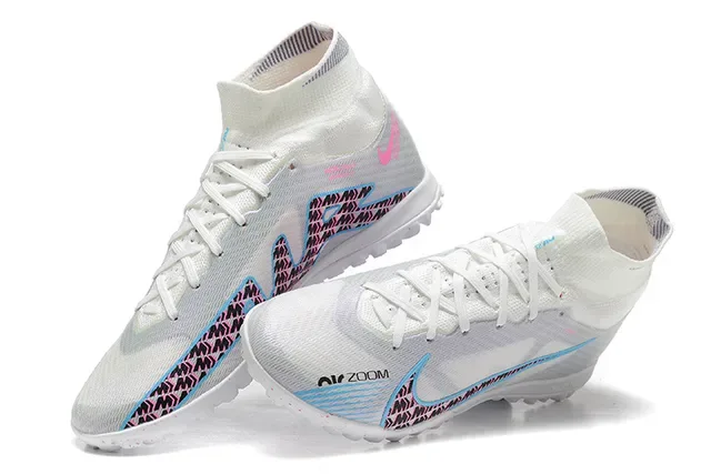 Nike Branco e Azul High-Cut Sock-Fit Collar Malha Iridiscente Chuteiras de Futebol Turf 2
