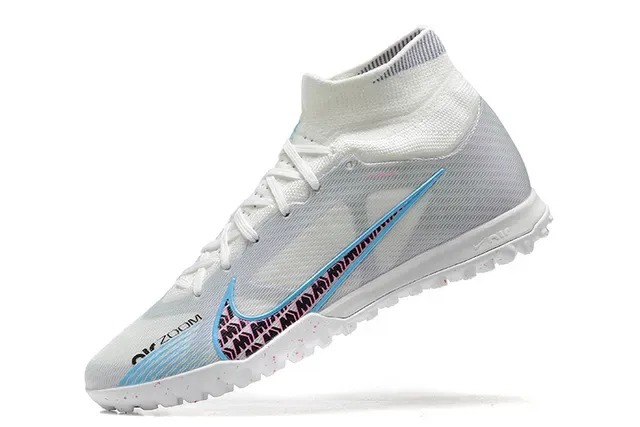 Nike Branco e Azul High-Cut Sock-Fit Collar Malha Iridiscente Chuteiras de Futebol Turf 4