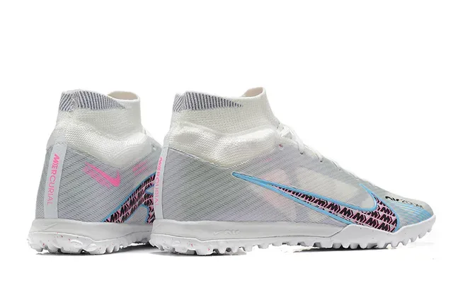 Nike Branco e Azul High-Cut Sock-Fit Collar Malha Iridiscente Chuteiras de Futebol Turf 5