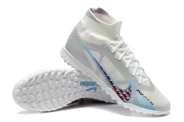 Nike Branco e Azul High-Cut Sock-Fit Collar Malha Iridiscente Chuteiras de Futebol Turf 6