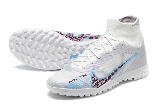 Nike Branco e Azul High-Cut Sock-Fit Collar Malha Iridiscente Chuteiras de Futebol Turf 7