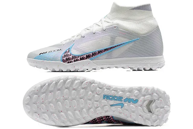 Nike Branco e Azul High-Cut Sock-Fit Collar Malha Iridiscente Chuteiras de Futebol Turf 9