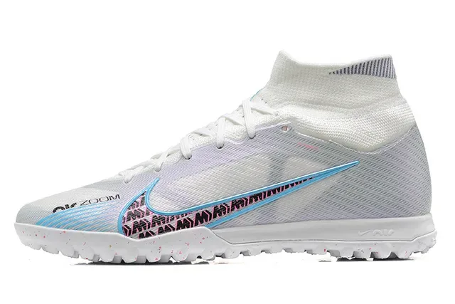 Nike Branco e Azul High-Cut Sock-Fit Collar Malha Iridiscente Chuteiras de Futebol Turf 10