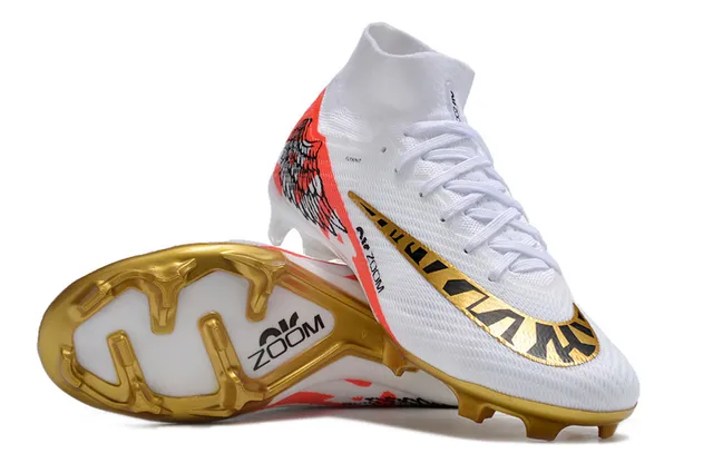 Nike Blanc et Or High-Cut Flyknit Upper Zoom Heel Plate chaussures de football pour terrain ferme 2