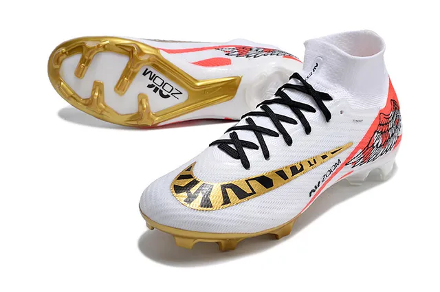 Nike Blanc et Or High-Cut Flyknit Upper Zoom Heel Plate chaussures de football pour terrain ferme 3
