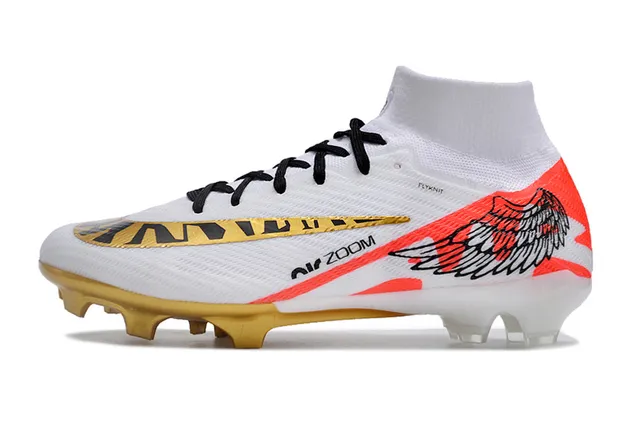 Nike Blanc et Or High-Cut Flyknit Upper Zoom Heel Plate chaussures de football pour terrain ferme 6