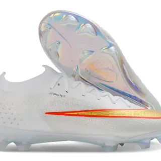 Nike Chaussures de football Blanc Or Ajustement Chaussette Knit Upper Semelle Iridescente Translucide Sol Ferme