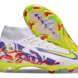 Nike Zapatos de fútbol blanco multicolor alto cuello calcetín suela translúcida suelo firme