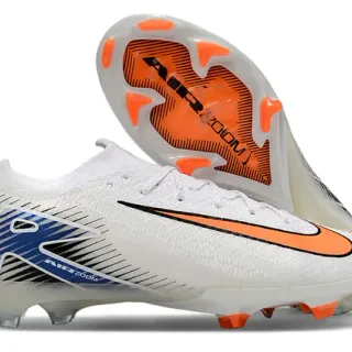 Nike Chaussure de football basse blanc et orange, empeigne tricotée, col avec fit dynamique, terrain dur