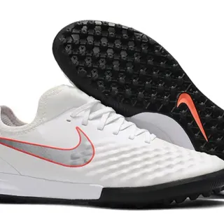 Nike sapatos de futebol para gramado sintético branco e laranja com upper sintético acolchoado e gola baixa