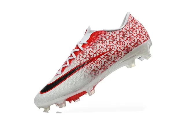 Nike Chuteira de futebol branca e vermelha, baixa, upper Flyknit, superfície firme 4