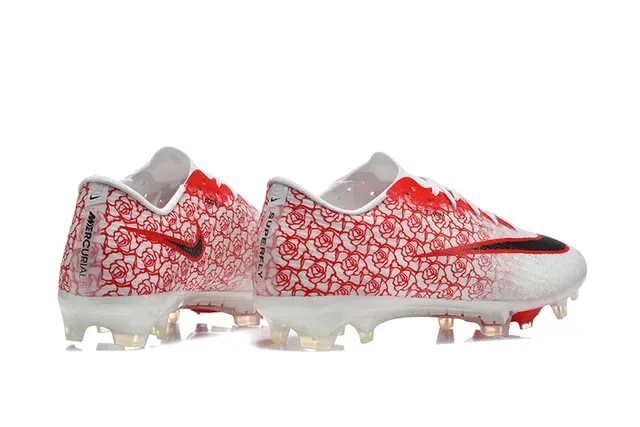 Nike Chuteira de futebol branca e vermelha, baixa, upper Flyknit, superfície firme 5