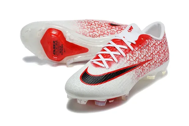 Nike Chuteira de futebol branca e vermelha, baixa, upper Flyknit, superfície firme 6