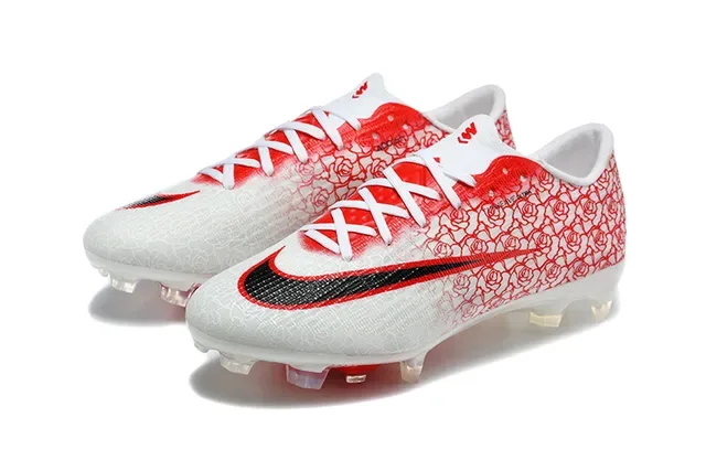 Nike Chuteira de futebol branca e vermelha, baixa, upper Flyknit, superfície firme 8