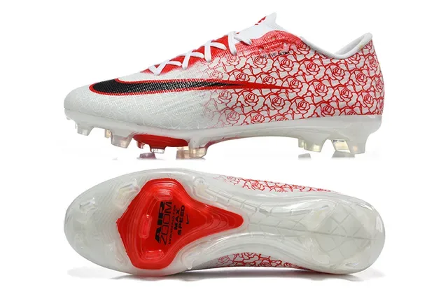 Nike Chuteira de futebol branca e vermelha, baixa, upper Flyknit, superfície firme 9