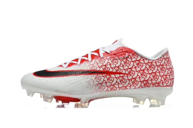 Nike Chuteira de futebol branca e vermelha, baixa, upper Flyknit, superfície firme 10