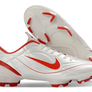 Nike Chaussures de Football Blanc Rouge Coupe Basse Empeigne Synthétique Clous Moulés Terrain Ferme