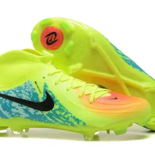 Nike Amarelo Azul Alto-Corte Colar Tricô Cordões Assimétricos Superfície Firme Sapatos de Futebol