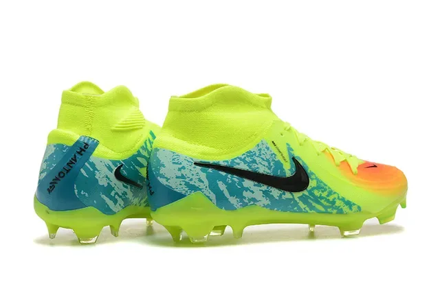 Nike Amarelo Azul Alto-Corte Colar Tricô Cordões Assimétricos Superfície Firme Sapatos de Futebol 2