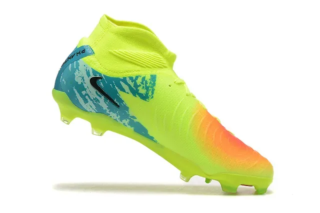 Nike Amarelo Azul Alto-Corte Colar Tricô Cordões Assimétricos Superfície Firme Sapatos de Futebol 4